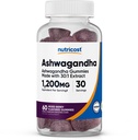 Nutricost Ashwagandha Gummies 1200mg 食べ当たりの同等性 (ミックスベリー味), 60 グミー, 30 サービング
