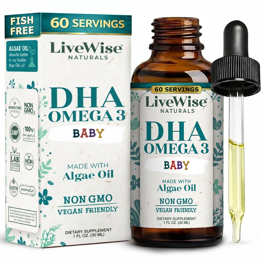 LiveWise Naturals DHA Omega-3 乳液は、乳幼児やトドルのためのドロップ, 完全菜食主義者のオメガ-3 エッセンシャルサプリメント, 健康的な脳を促進します, 目, 体防御, 赤ちゃんとトドル栄養