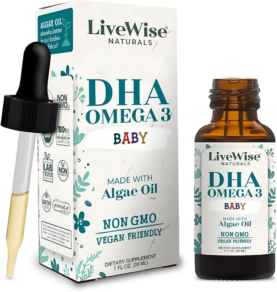 LiveWise Naturals DHA Omega-3 乳液は、乳幼児やトドルのためのドロップ, 完全菜食主義者のオメガ-3 エッセンシャルサプリメント, 健康的な脳を促進します, 目, 体防御, 赤ちゃんとトドル栄養