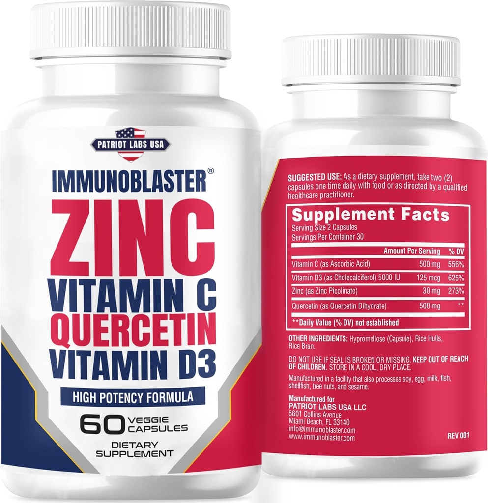 Zinc Quercetin 500mg with Vitamin D and C Antioxidant Immune Support High Potency Quercetin Zinc Supplement for Men and Women - Gluten, Soy, & Dairy Free - 60 Count (Pack of 1)
