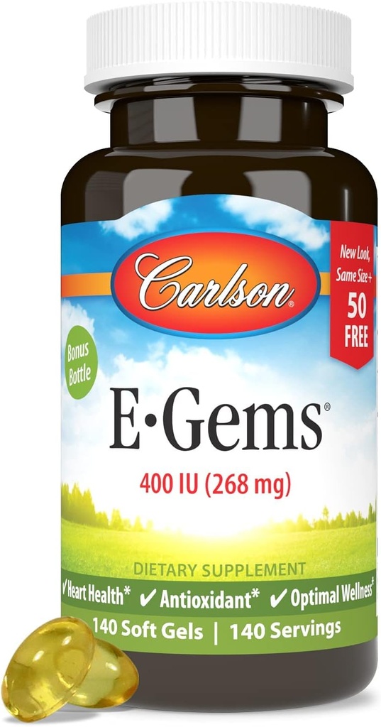 Carlson - E-Gems 400 IU (268 mg)、天然由来のビタミンE、最適ウェルネス、140ソフトジェル
