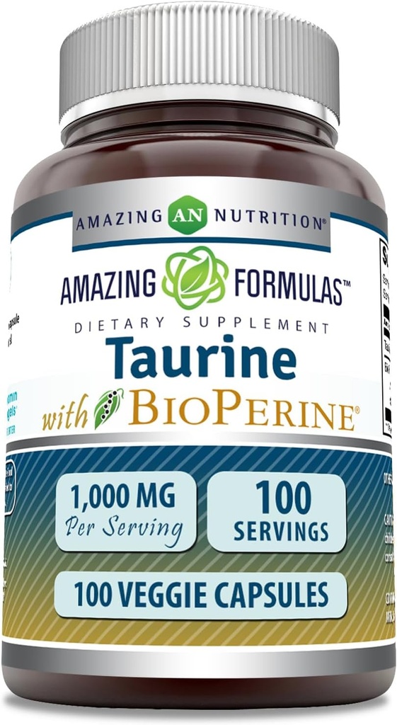 Amazing Formulas Taurine with Bioperine Supplement | 1000 Mg Per Serving | 100 Veggie Capsules | Non-GMO | Gluten Free | Made in USA