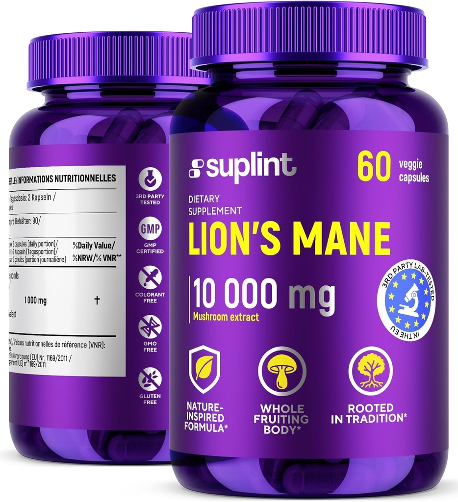 ライオンのマネキノコサプリメント10,000 mg | 記憶のための栄養補助食品, 焦点 & 明白 | 女性のための毎日の免疫システムサポートコンプレックス | 非GMO, グルテンフリー, ビーガン | 60 カプセル