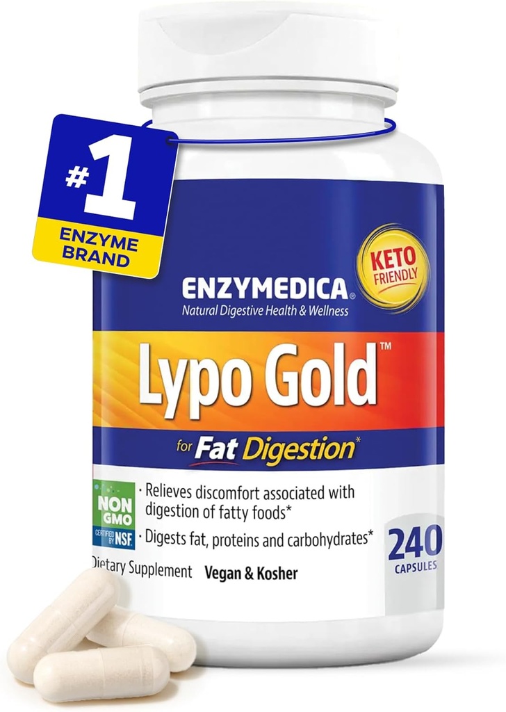 Enzymedica Lypo Gold, High Potency Lipase Digestive Enzymes for Fat Digestion, Supports Occasional Bloating Relief & Digestive Health, Keto-Friendly, Vegan, 240 Capsules