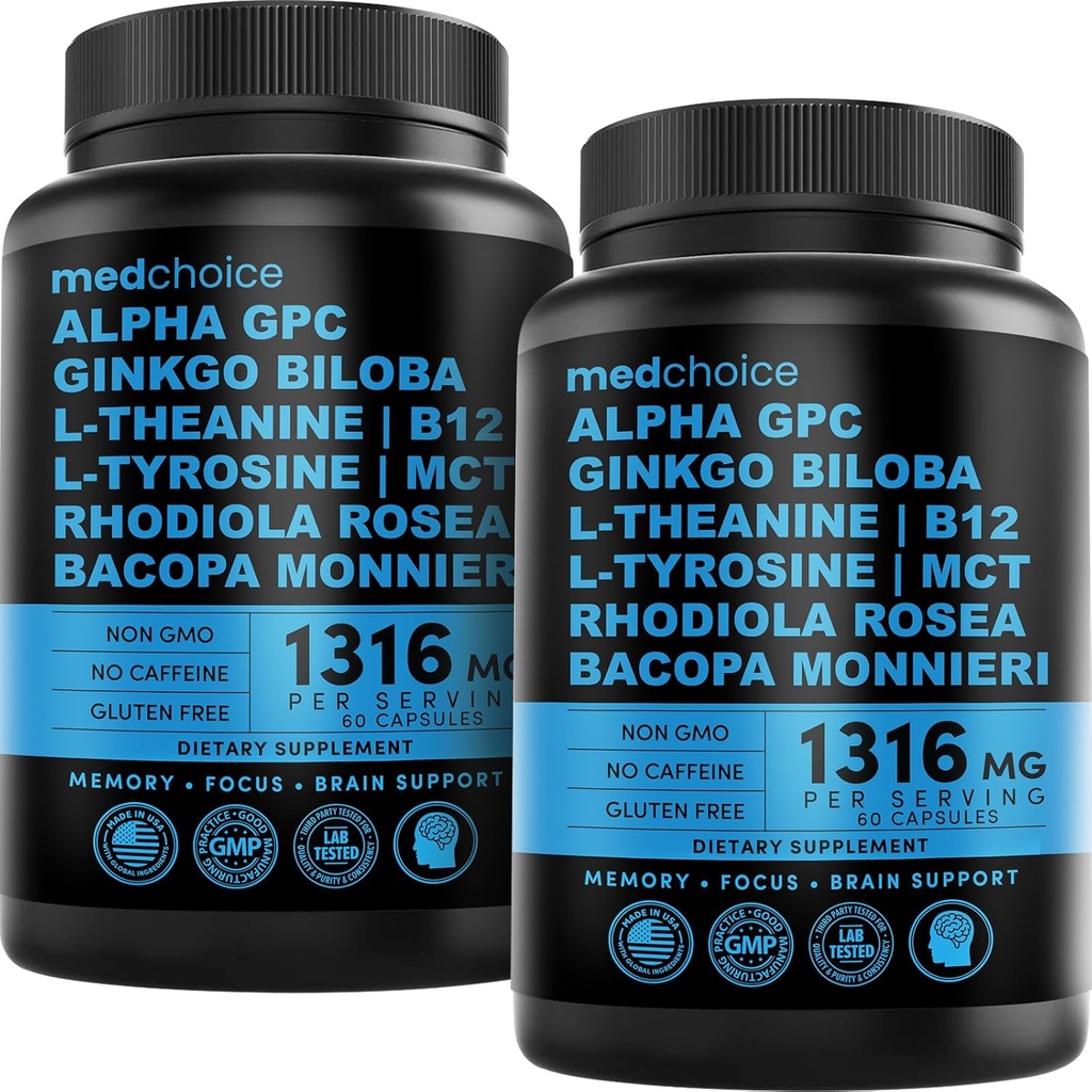 12-in-1 Nootropic Brain Supplement Anhydrous: Ginkgo Biloba for Brain Support, Memory and Focus - B12, Alpha GPC, L Theanine and Choline Supplements with Bioperine Non Caffeinated 1321mg (120ct)