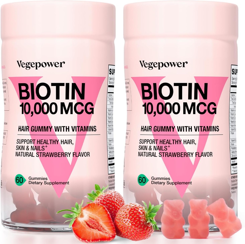 Biotin Gummies 10000mcg Supplements - with Vitamin C, A, D, B-Complex, Folate, Zinc for Women & Girls- Vegan Biotin Hair Growth Gummy for Healthy Hair and Nails, Non-GMO, Strawberry, 120 Bear