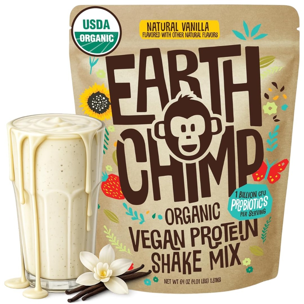 EarthChimpオーガニックビーガンプロテインパウダー - プロバイオティクス付き - 非GMO、乳製品無料、非乳製品、女性と男性のための植物ベースのプロテインパウダー、グルテンフリー - 52のサービング64オズ(バニラ)