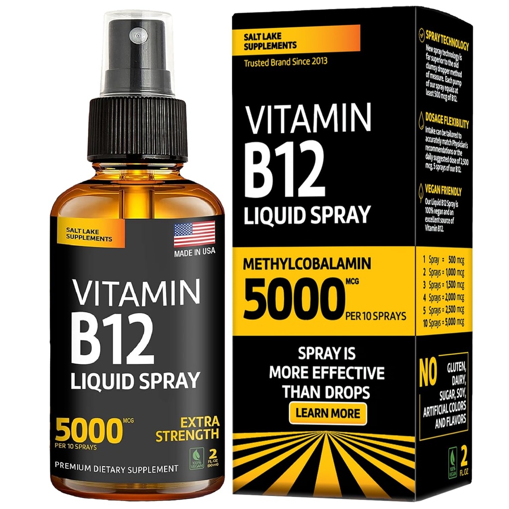 ビタミンB12のSublingualスプレー5000 mcg - ビーガンメチルコバラミン液体B12ブーストエネルギー、気分と脳の健康 - グルテンフリー、非GMO B12スプレー男性と女性 - 簡単な投与量(10スプレーで5000 mcg)