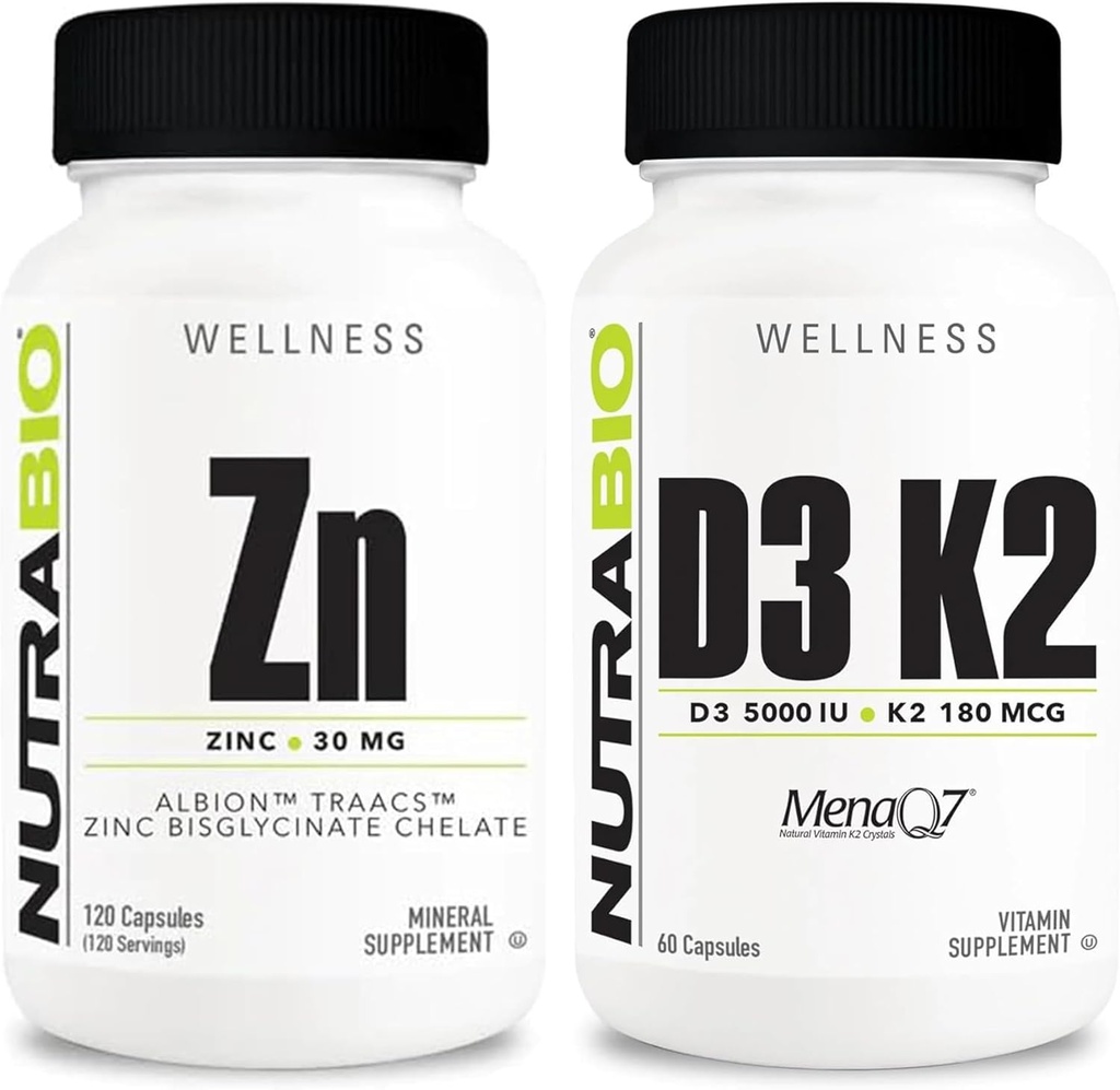 NutraBio亜鉛キレートとビタミンD3 K2ミネラルサプリメントバンドル - 適切な成長、開発、免疫システム、骨と心臓の健康に役立ちます