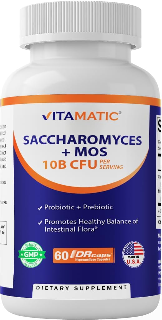 Vitamatic Saccharomyces Boulardii Probiotic 10B/サービング+イースト エキス(MOS Yeast Fraction) 300 mg - 60 DRカプセル - アメリカ製