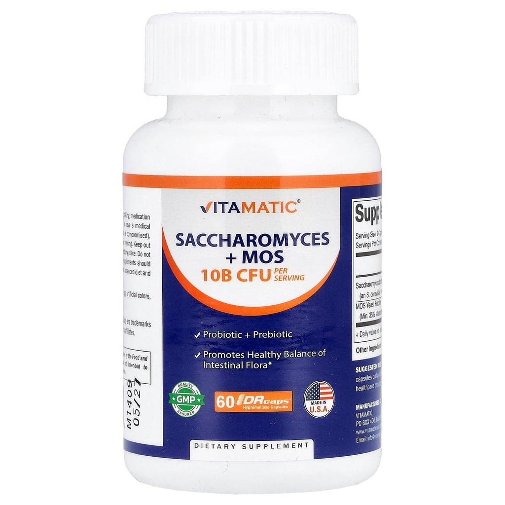 Vitamatic Saccharomyces Boulardii Probiotic 10B/サービング+イースト エキス(MOS Yeast Fraction) 300 mg - 60 DRカプセル - アメリカ製