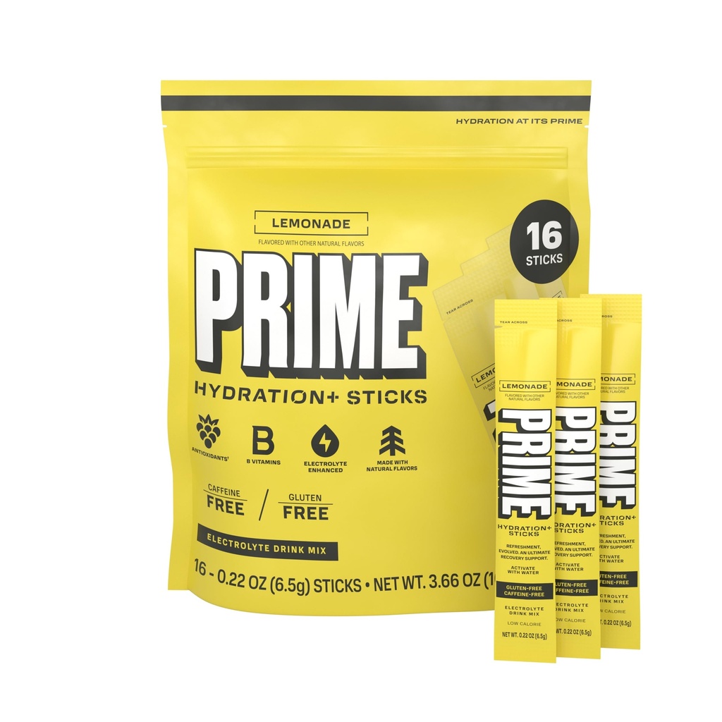 PRIME HYDRATION+ スティックレモネード | ハイドロレーションパウダー シングル サーブスティック | 電解質パウダーオン ゴー | 低糖 | カフェインフリー | ヴィーガン | 16 スティック