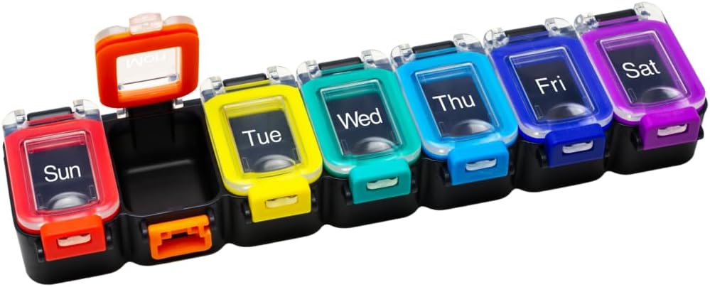 EZY DOSE Weekly (7-Day) Daily Pill Planner, Medicine Case, Vitamin Organizer Container, Waterproof Locking Compartments to Secure Prescription Medication and Prevent Accidental Spilling, Rainbow