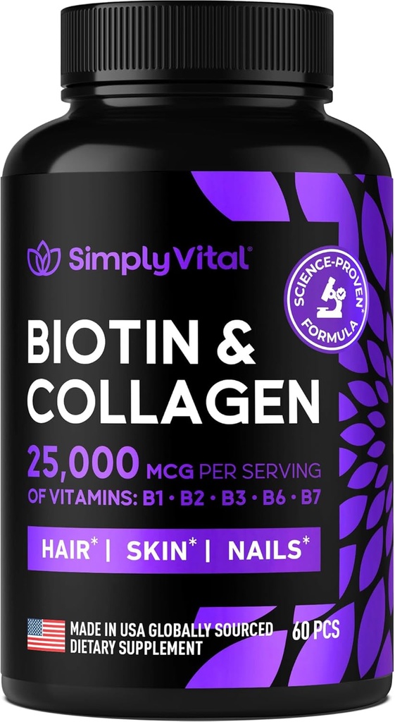 ビオチンとコラーゲンはケラチン25000 mcg - コラーゲンケラチンBコンプレックスと髪の皮膚と爪のビタミン - 米国製 - 毛の成長の女性のためのビオチン&男性サポート皮膚と爪、60カプセル