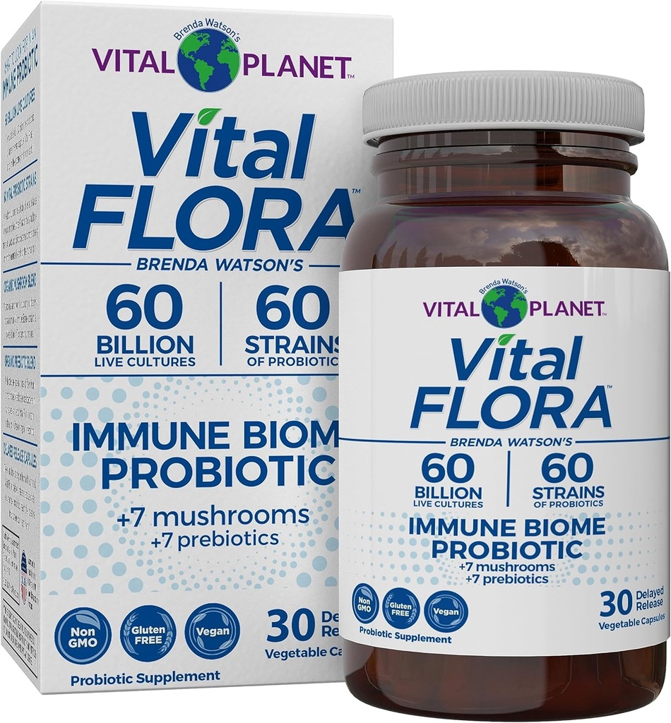 Vital Planet - Vital Flora Immuneサポートプロバイオティクス、60 Billion CFU、Diverse Strains、Prebiotics、女性と男性30カプセルのための消化の健康プロバイオティクスと有機キノコサプリメントブレンド