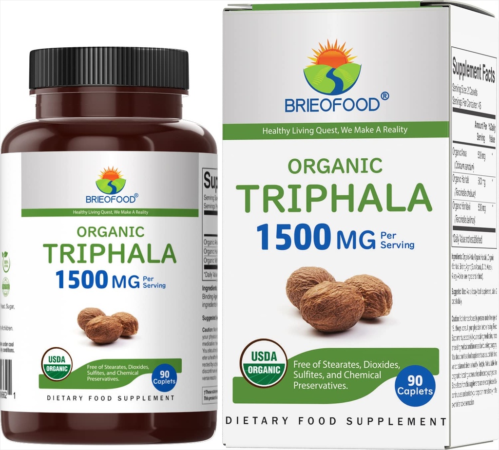 Brieofood Organic Triphala 1500mg、45サービング、ベジタリアン、グルテンフリー、90ベジタリアンタブレット