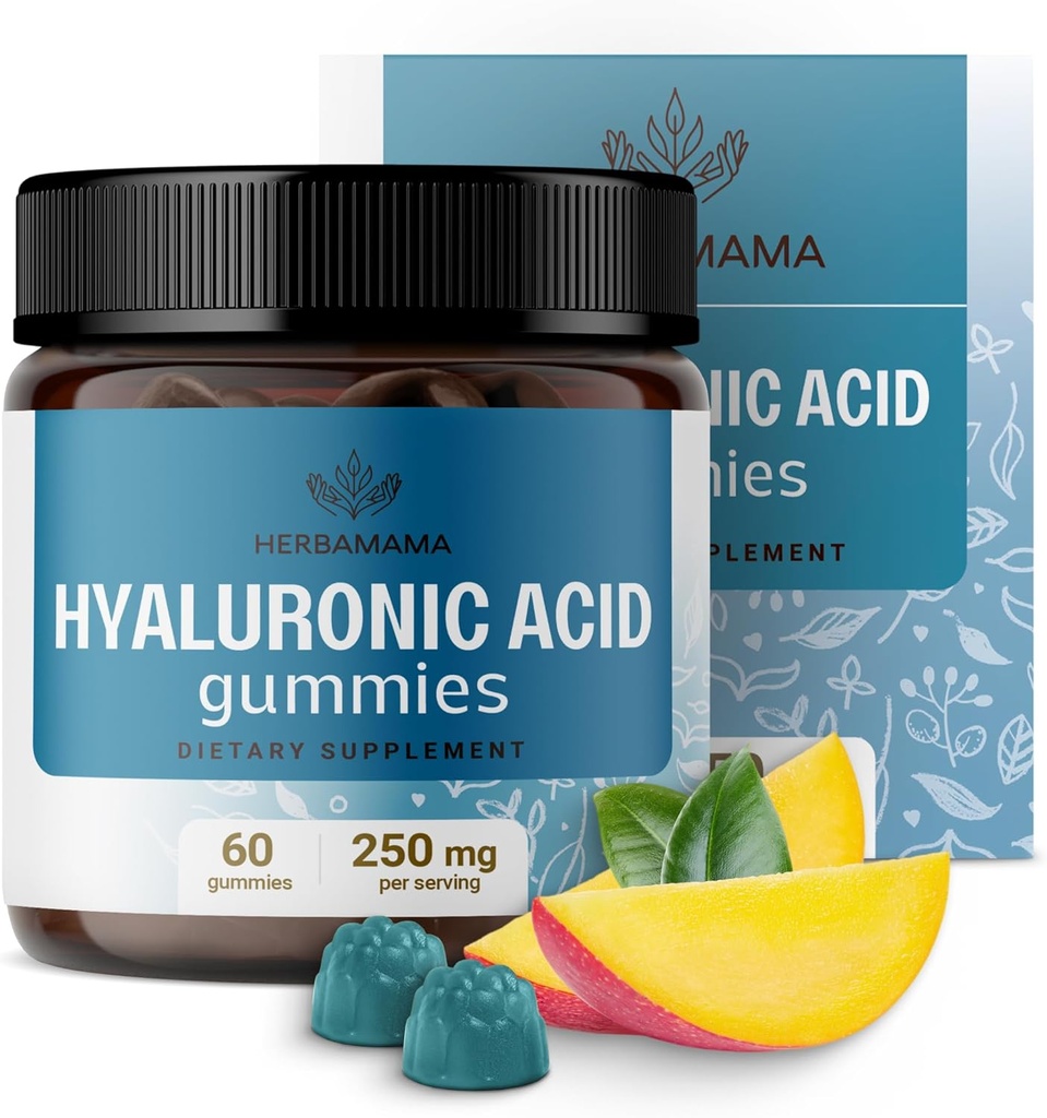 HERBAMAMA の Hyaluronic 酸のグミ - 250mg 毛のための純粋な Hyaluronic 酸、皮及び釘サポート - 完全菜食主義者の非 GMO の皮の伸縮性の補足 - 60 のペクチン ベースのマンゴ 風味付けされた咀嚼