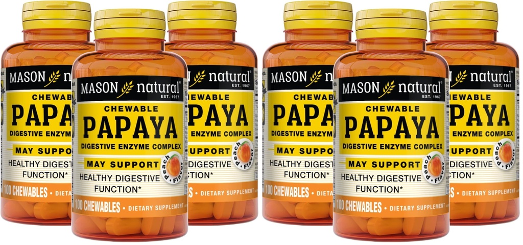 MASON NATURALパパイヤ消化酵素コンプレックス - 健康的な消化機能、栄養素吸収、ピーチ風味、100ケブルを促進します(6のパッケージ)