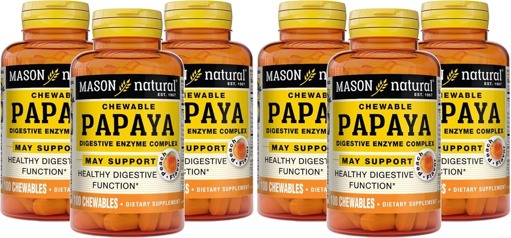 MASON NATURALパパイヤ消化酵素コンプレックス - 健康的な消化機能、栄養素吸収、ピーチ風味、100ケブルを促進します(6のパッケージ)