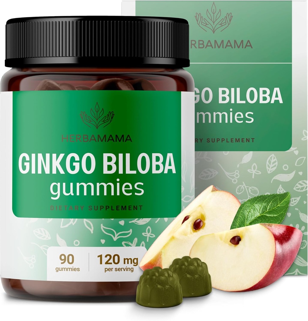 HERBAMAMA Ginkgo Biloba Gummies - 120mg Ginkgo Biloba Herb for Brain サポート - ビーガン、非GMO脳フォーカス&クラリティサプリメント - 90ペクチンベースのApple風味の咀嚼