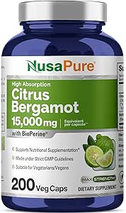 NusaPureシトラスベルガモットカプセル15,000mg、200カプセル - 25 Berg:1amotエキス - 200サービング、バイオペリン、ビーガン、非GMO