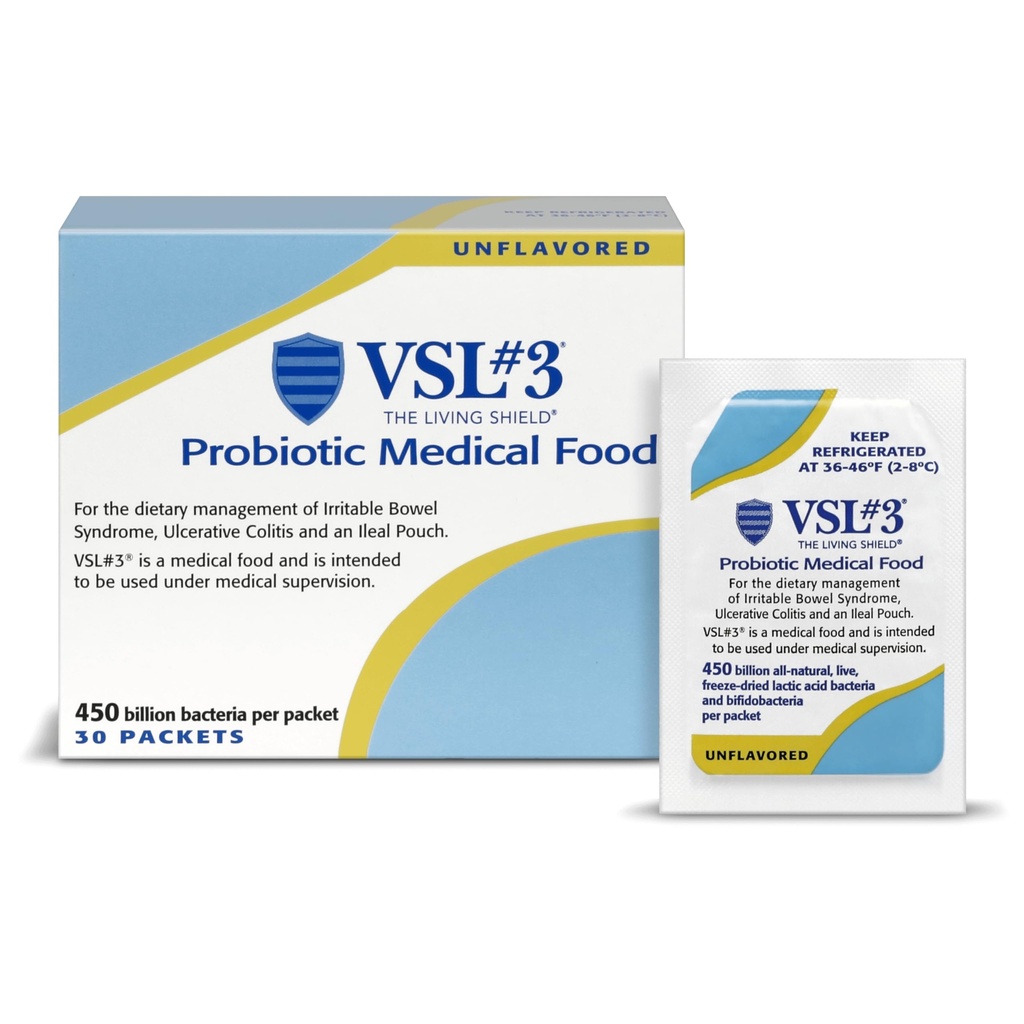 VSL #3®消化器の健康、IBS&UC症状のためのプロバイオティックパウダー - 450B CFU、高周波、マルチストレーナー、ライブ、冷やされたプロバイオティック、男性と女性のガット健康サポートのための医療食品、30パック
