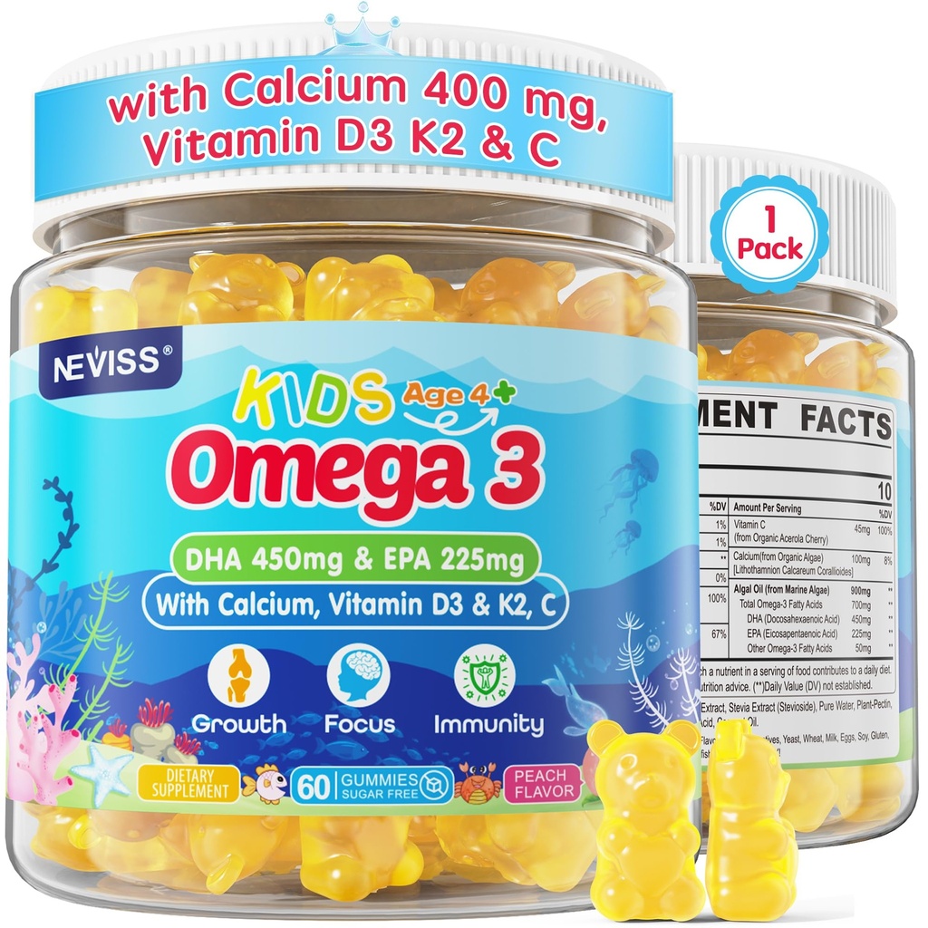 キッズオメガ3グミー+カルシウム400mg +ビタミンD3 K2 + C、オメガ3 DHA&EPAサプリメント - 魚のバープなし、砂糖なし - キッズ&ティーンズオメガ3 +強力なボン、脳、免疫、目、60Cts