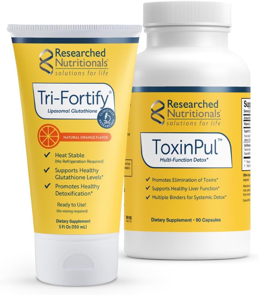 Researched Nutritionals Revitalized Detox Duo - for Immune Support, Liver Health or A Full Body Detox Cleanse - Tri-Fortify Orange Liposomal Glutathione (450mg) Liquid & ToxinPul (2 Piece Set)