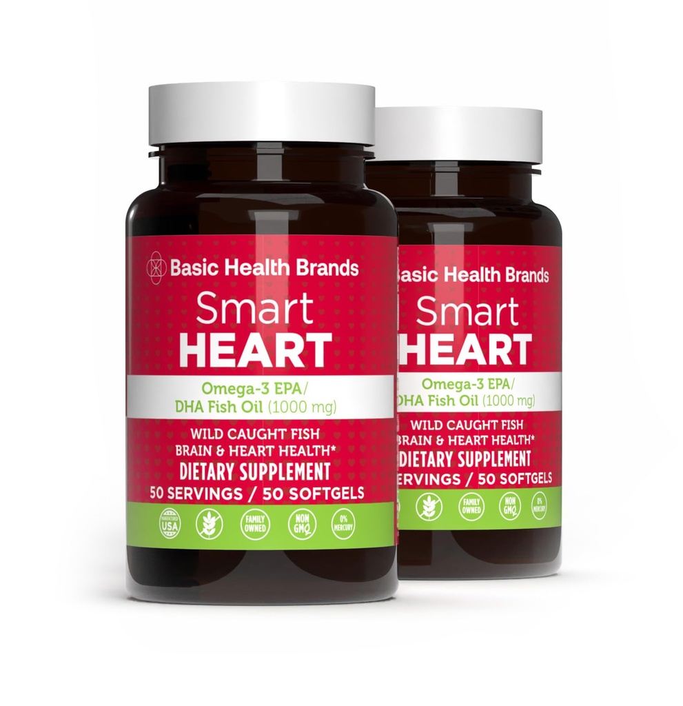 ベーシックブランド スマートハートオメガ3フィッシュオイル1000mg - トリプル強度EPA&DHA、非GMO、ハート&認知サポート - 50バーレスソフトジェル - 2-パック