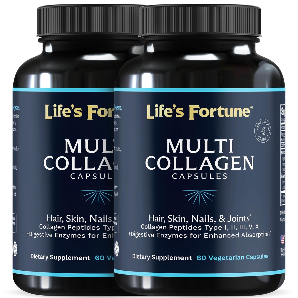 Multi Collagen Peptides Types I, II, III, V & X Hydrolyzed Protein Capsules – Grass-Fed, Blend with Digestive Enzyme – for Skin, Hair, Nails, Joints & Gut Health, Unflavored (60 Count (Pack of 2))