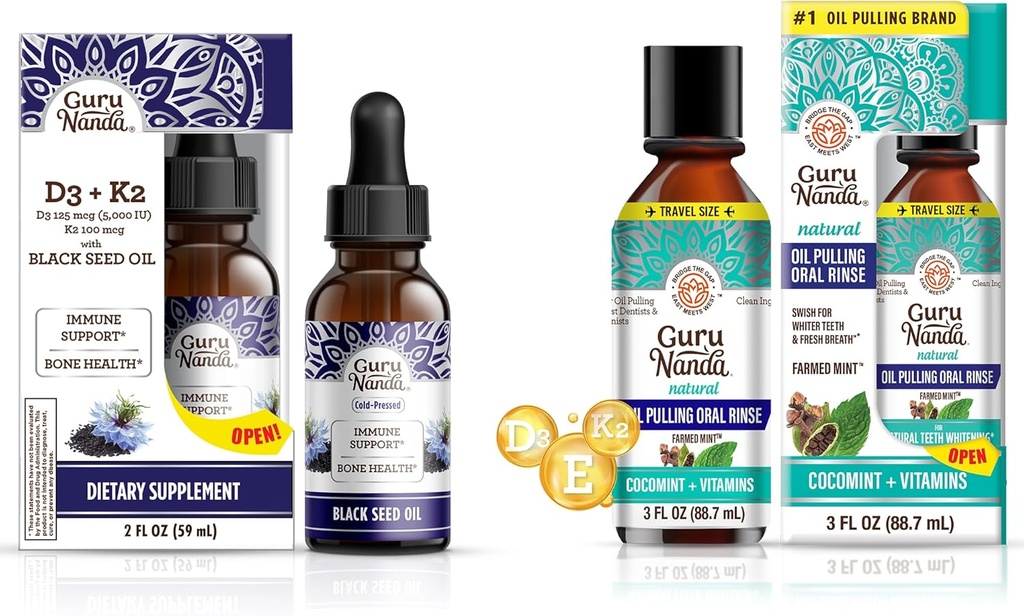 GuruNandaブラックシードオイル5000 IUビタミンD3、K2&E + エッセンシャルオイルビタミンD3、E、免疫サポートのためのK2、経口衛生