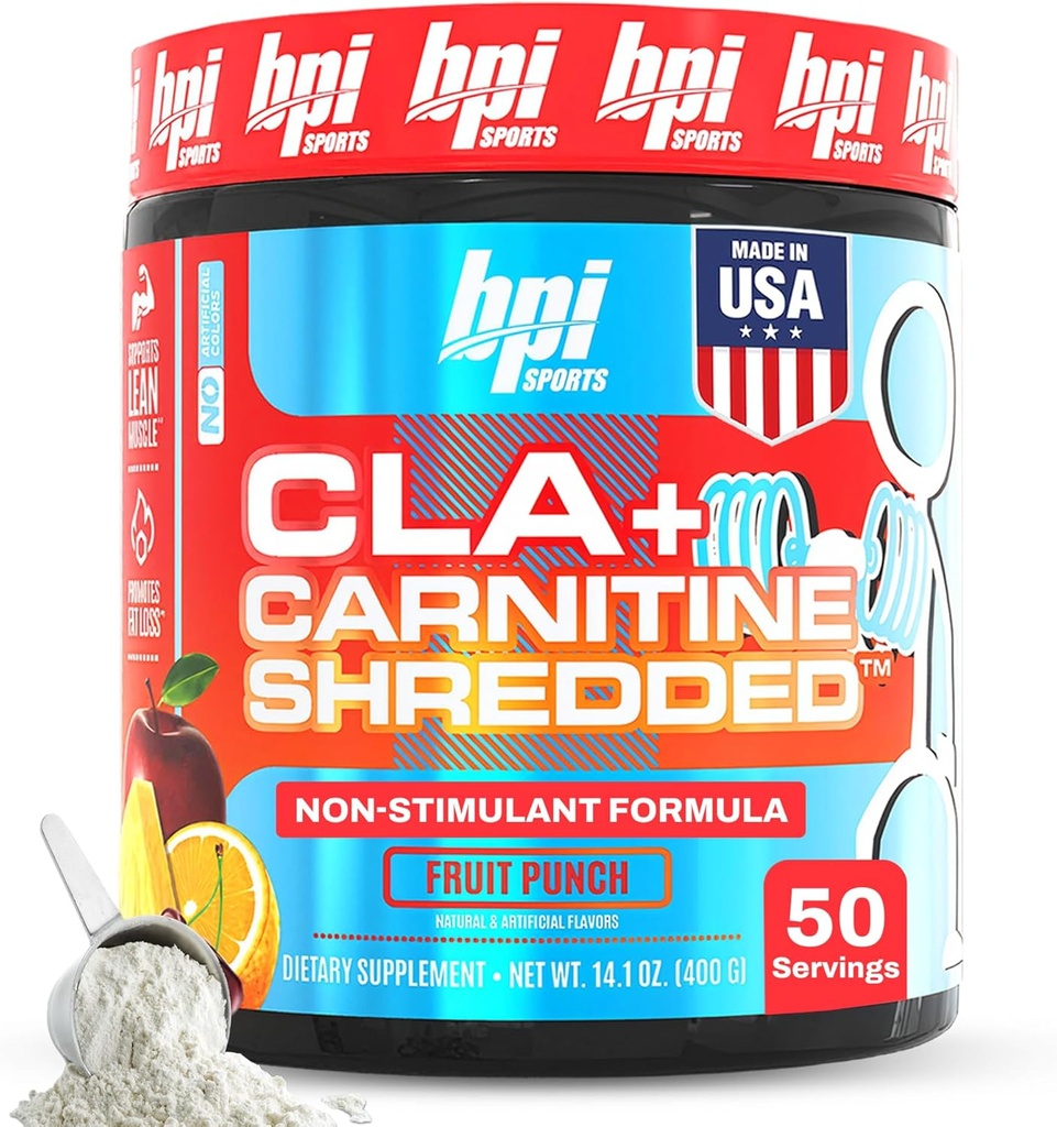 BPI スポーツ CLA + カルニチン シュレッダー - 脂肪細胞 エネルギーとサポート リーン マッスル、ブースト メタボリズム - 非興奮剤 L カルニチン サプリメント - フルーツ パンチ (14.1 oz。/50 サービング)