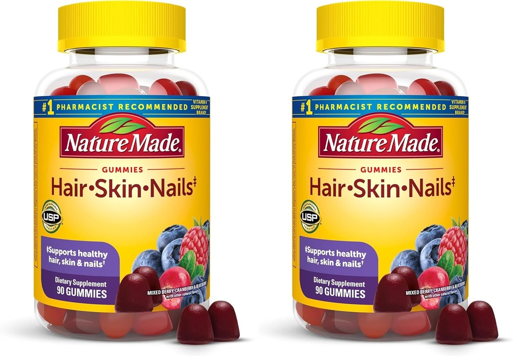 Nature Made Hair Skin and Nails with Biotin 2500 mcg, Dietary Supplement for Healthy Hair, Skin & Nails Support, 90 Gummies, 45 Day Supply (Pack of 2)
