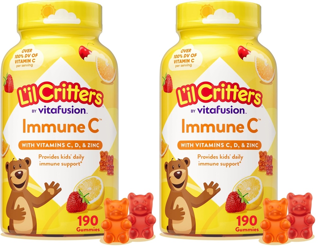 L'il Critters Immune C 子供用デイリーガミーサプリメントビタミン、ビタミンC、D、そして免疫サポート、オレンジ、レモン、チェリーフレーバー、190グミー(パッケージ2)