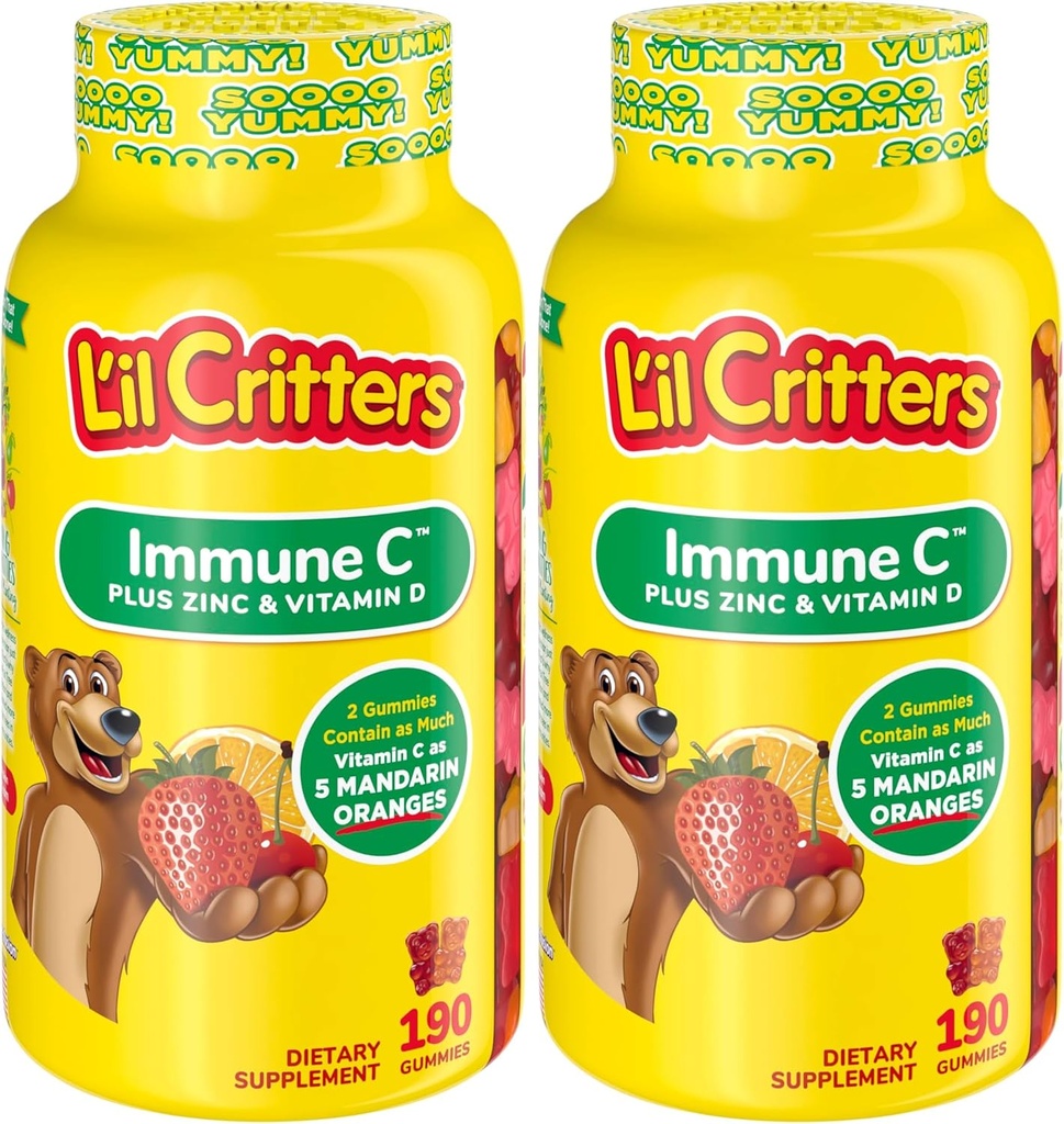 L'il Critters Immune C 子供用デイリーガミーサプリメントビタミン、ビタミンC、D、そして免疫サポート、オレンジ、レモン、チェリーフレーバー、190グミー(パッケージ2)