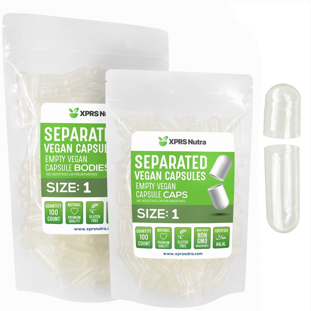 XPRS Nutraビーガンサイズ 1 分別カプセル - 100 カウントクリアプレミアム空のカプセルは、バッグで分離 - ピル 1 DIY のサプリメントの充填のための空