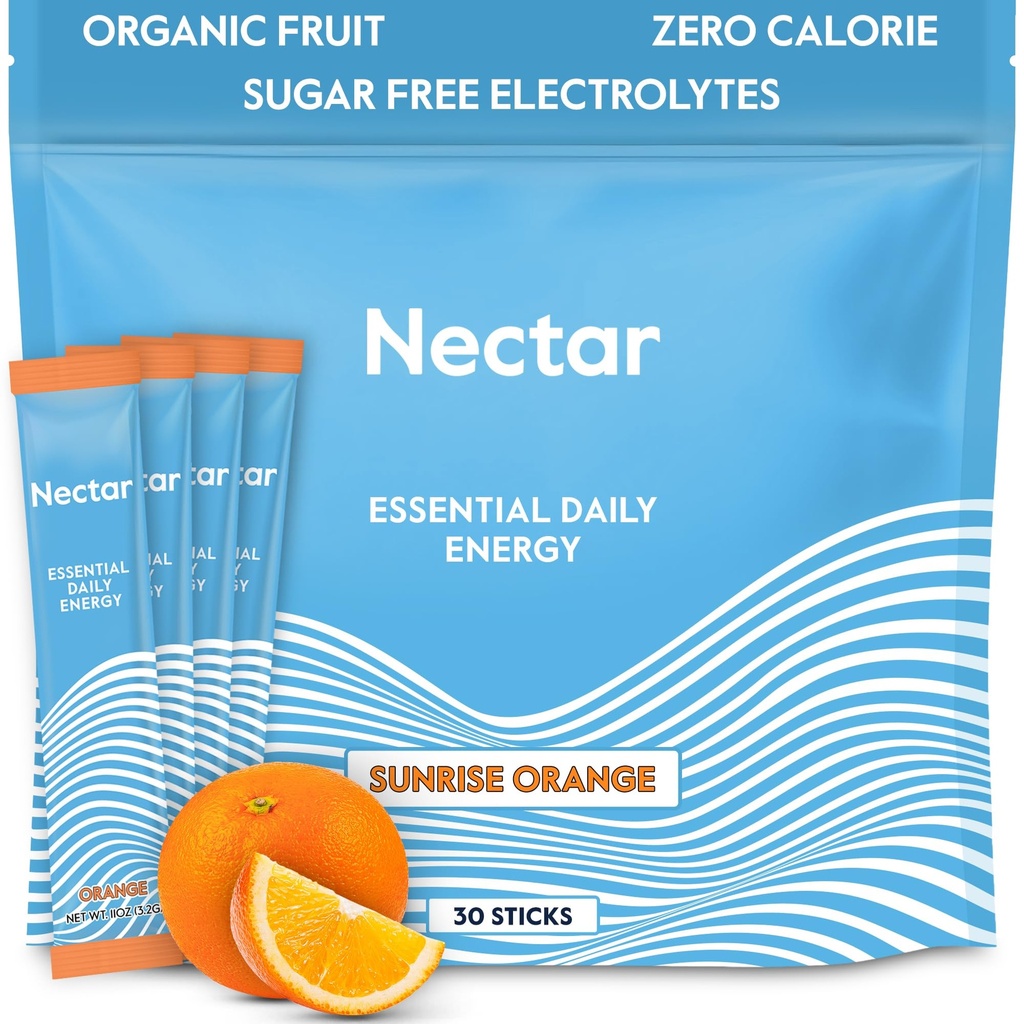 Nectarエネルギーブースター - 有機カフェイン、B12&電解 - 砂糖無料&ゼロカロリー - 健康的なコーヒー、エネルギードリンク&ソーダ代替 - 水分補給&エネルギーサプリメント(オレンジ30パウダーパック)