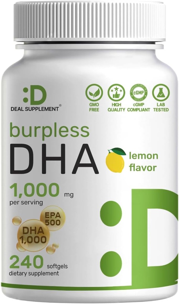 DHAサプリメント | 240 Softgels, Burpless, レモン風味, DHA 1000mg + EPA 500mg, ワイルドキャッチフィッシュ, Omega-3sで豊富, Mercury Free, Non-GMO, サポート脳心 & 関節の健康