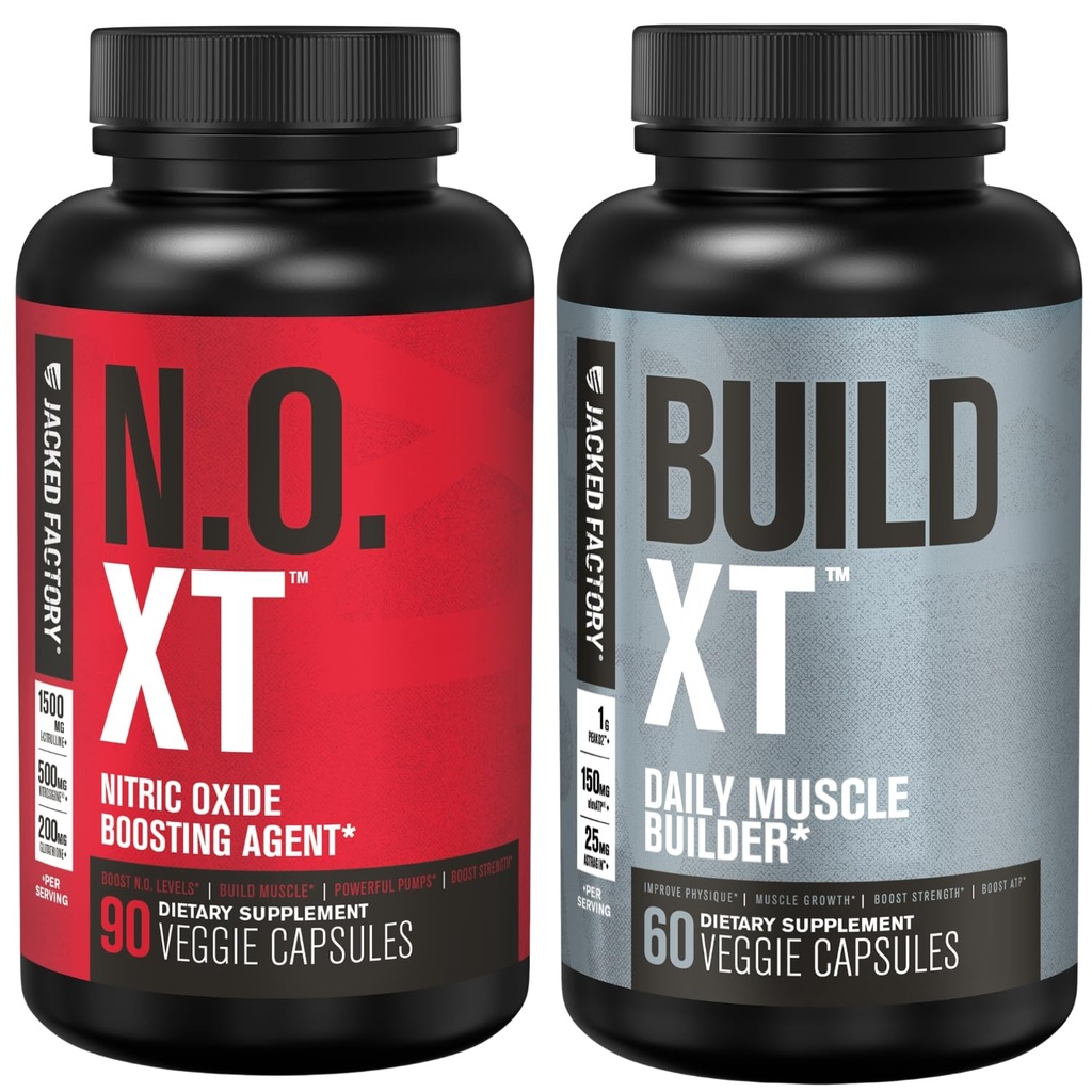 ジャック工場筋肉ビルダーサプリメントスタック - ビルドXT筋肉ビルダー&N.O. XT Nitric Oxide Boosting Agent for Dual Support(30日供給)