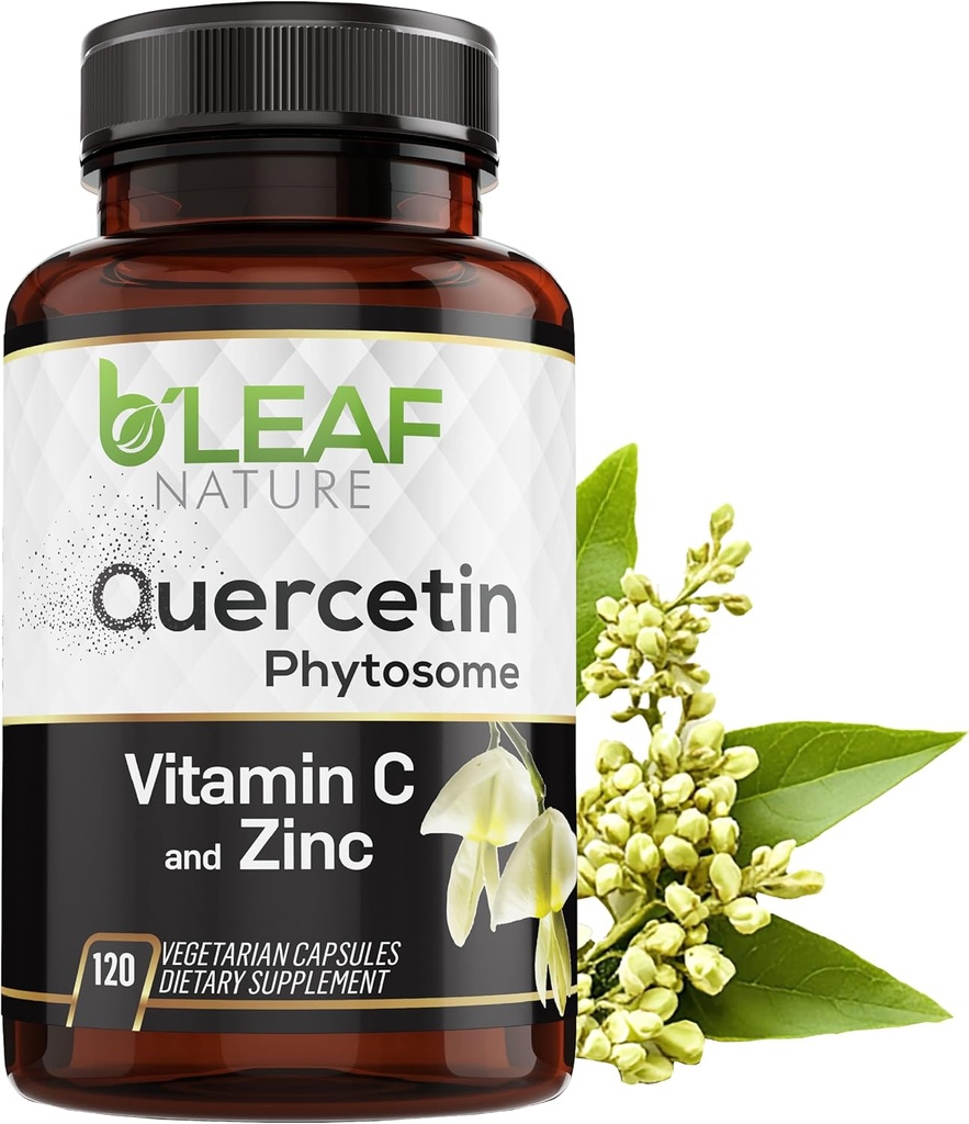 B'LEAF NATURE Quercetin Phytosome、120カプセル - ビタミンCと亜鉛で1000mg高吸収量 - 免疫、エネルギー、脳および季節的なサポートのための非GMOベジタリアンケルセチンサプリメント