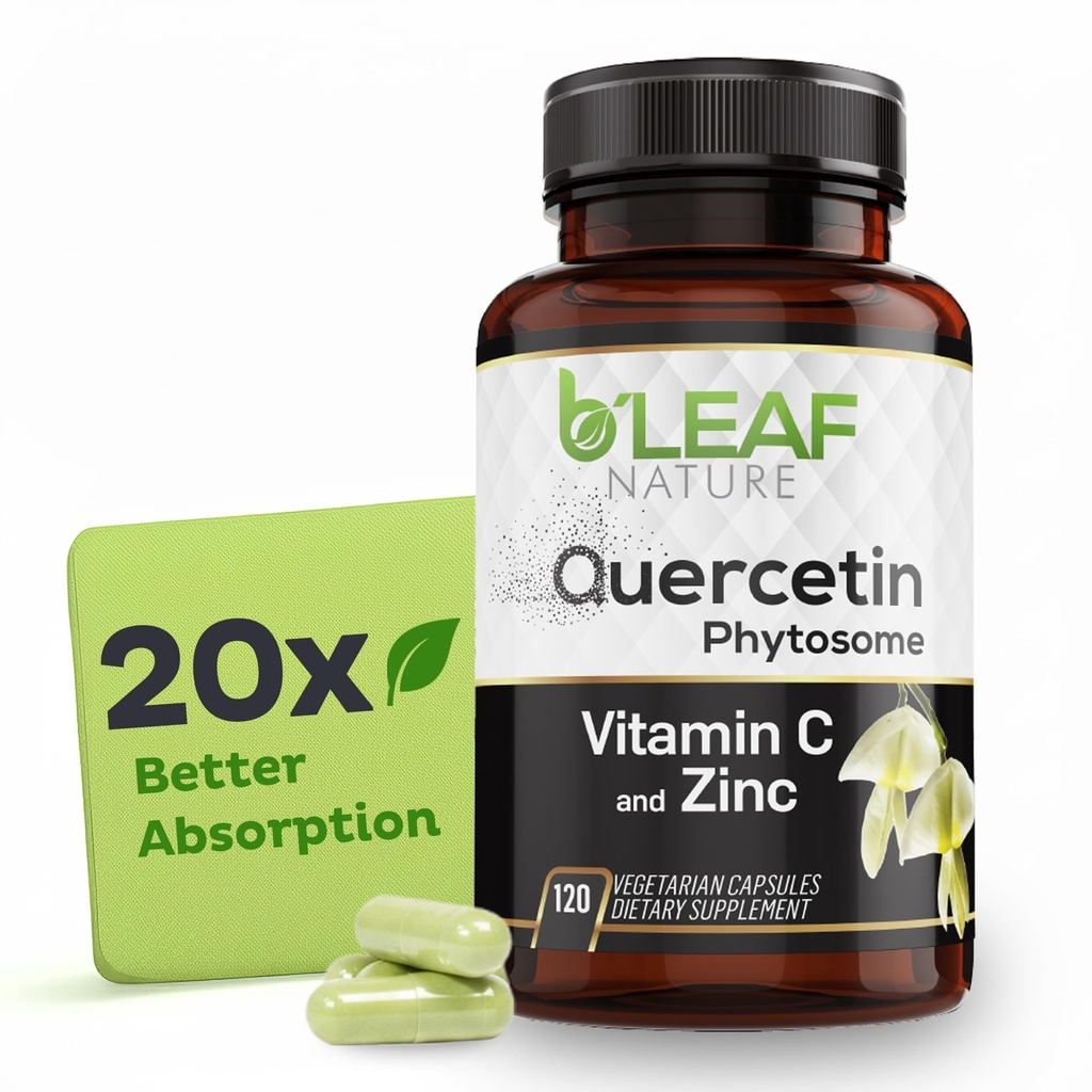 B'LEAF NATURE Quercetin Phytosome、120カプセル - ビタミンCと亜鉛で1000mg高吸収量 - 免疫、エネルギー、脳および季節的なサポートのための非GMOベジタリアンケルセチンサプリメント