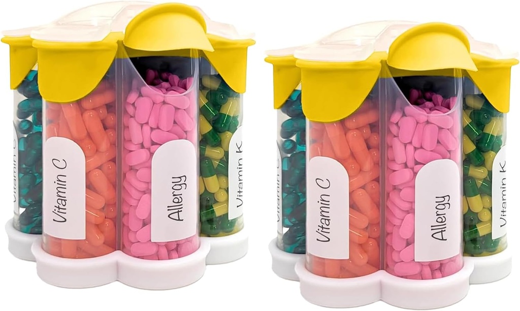 Extra Large Pill Organizer Daily, Weekly, Monthly Supplement Bottle, Cute Blossom Pill Dispenser with 7 XL Compartments (2 Pack Combo) (Yellow 2 Pack)