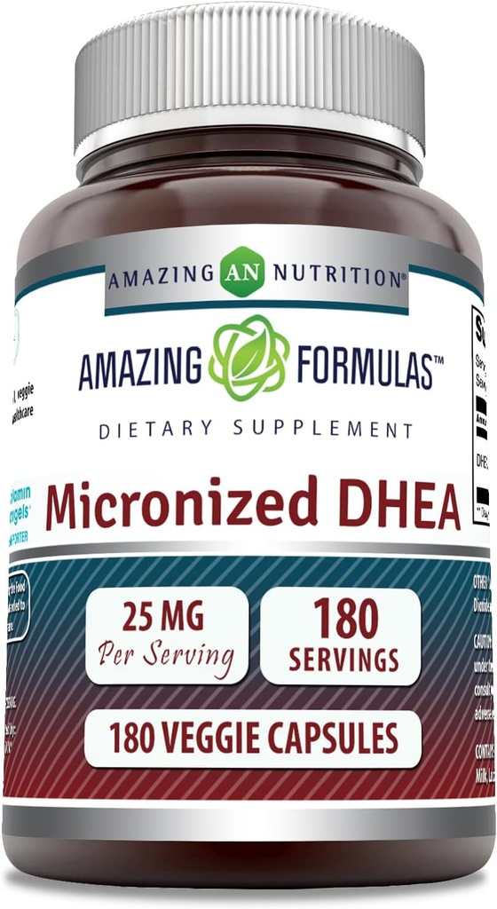 アメイジングフォーミュラ Micronized DHEA 25mg 180 Veggie Capsule Supplement | Non-GMO | Gluten Free | アメリカ製 | ベジタリアン向けに最適 | 男性用・女性用デヒドロエピアンドロステロンカプセル (1パック)