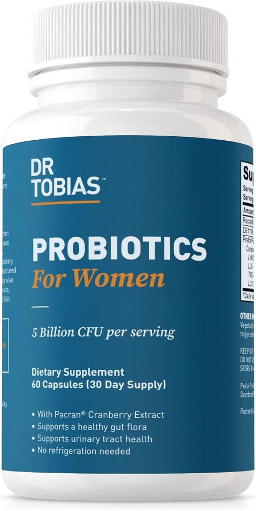 女性のための博士. Tobias Probiotics, 5 Billion CFUs Plus Prebiotics & Cranberry Extract, 女性のための尿路の健康をサポート, 消化 & 免疫の健康, 60 カプセル, 30 サービング
