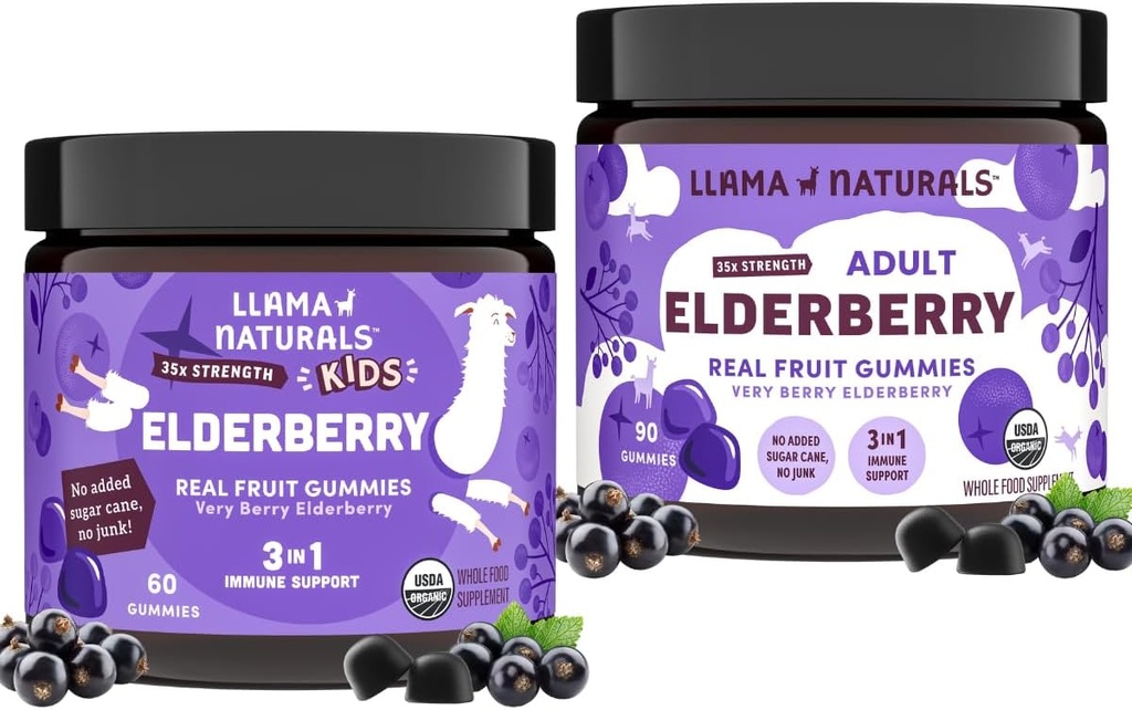 Llama Naturals 乳幼児のための実質のフルーツのサバカスのエルダーベリーのグミ   加えられた砂糖の杖、ヴィーガン、有機性免疫サポート | 亜鉛及び自然なビタミンC | 植物ベースの、全都市のためのChewableグミ