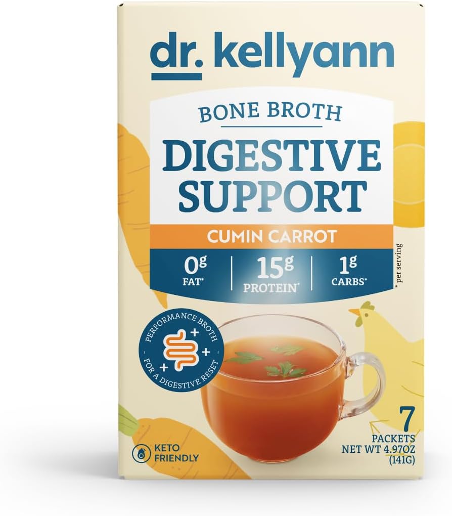 Dr. Kellyann Bone Broth + Digestive Support Collagen Powder Packets(7 サービング、1 ボックス)、16g タンパク質/サービング、100% 草フィード 加水分解コラーゲンパウダー、Keto & Paleo フレンドリー - Cumin Carrot
