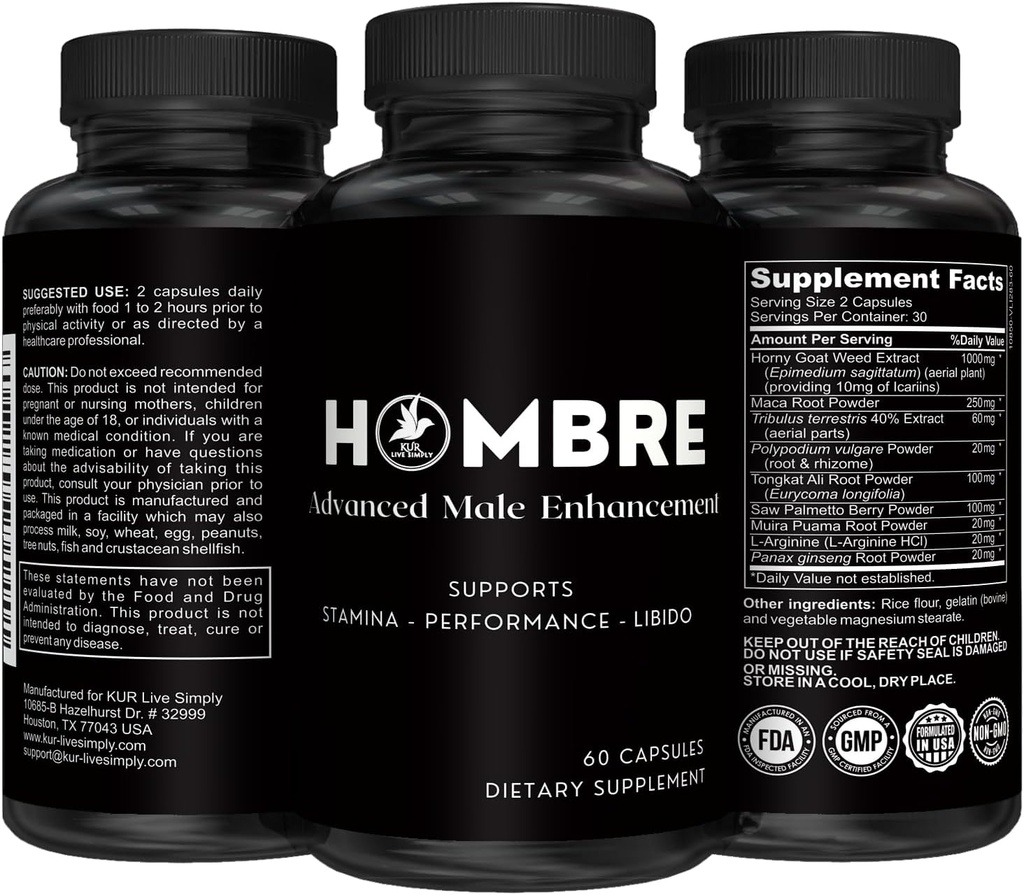 Hombre Male Enhancing Supplement – Add 2 in 60 Days With Our Enlargement Pills for Men Muscle Growth – Increase Size, Strength, Stamina – Endurance, Performance, Energy Booster - 60 Capsules