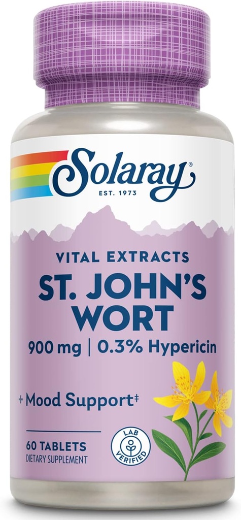 SOLARAY St. Johns Wort Aerial Extract One Daily 900mg、Mood Stability & Brain Health Support、Non-GMO |60サービング用標準化w / 0.3% Hypericin、非GMO | 60錠
