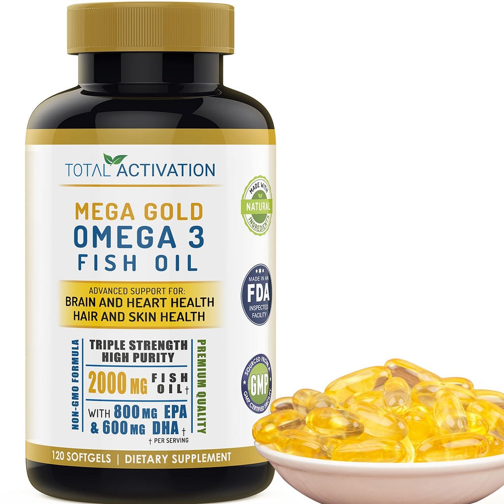 オメガ3フィッシュオイルサプリメント - EPA DHA&ビタミンEと2000mg - ビルプレス、男性と女性のためのトリプル強度サポート - 120 Easy Swallow Softgels