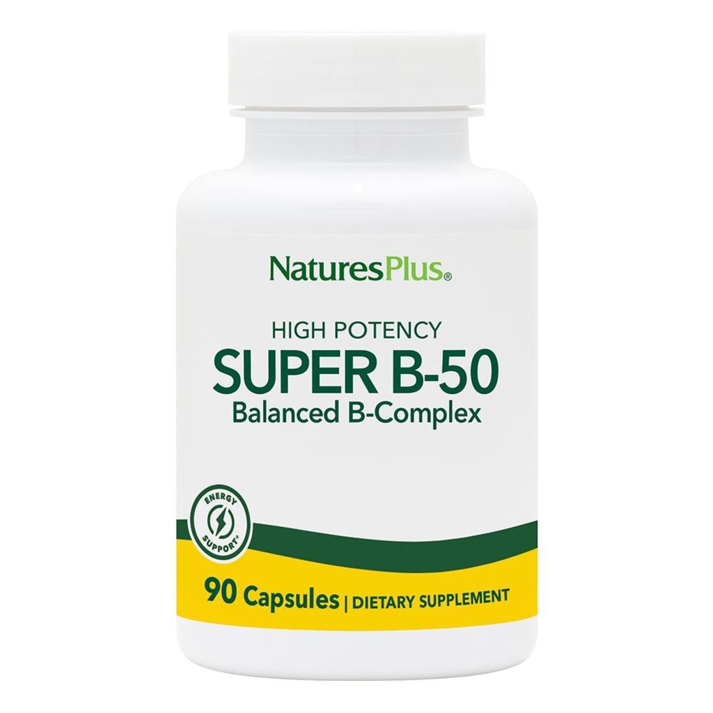 Natures PlusスーパーB50-90ベジタリアンカプセル - 高効力Bコンプレックスビタミンサプリメント - 脳とエネルギーブースター - グルテンフリー - 90サービング